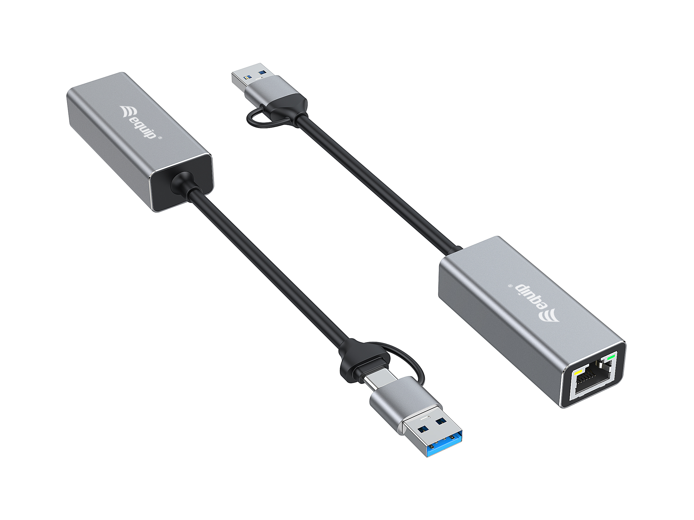 Dwa srebrne adaptery USB na Ethernet połączone czarnymi kablami na białym tle.