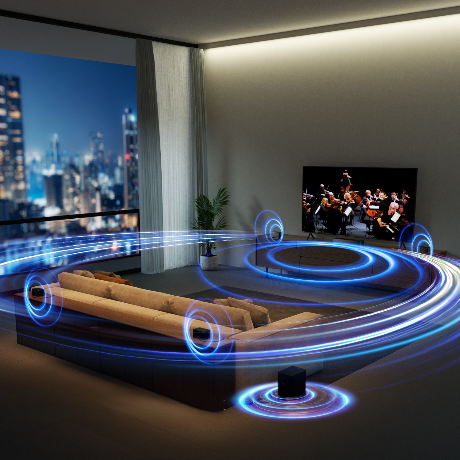 Salon z telewizorem, kanapą i efektami dźwiękowymi, z widokiem na miasto w nocy.