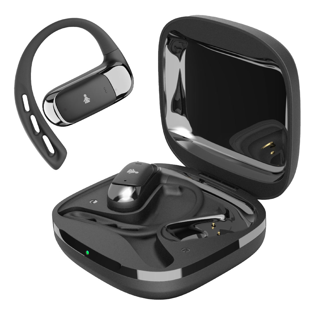 Auricolare wireless nero con custodia di ricarica, aperto per mostrare un auricolare all'interno.