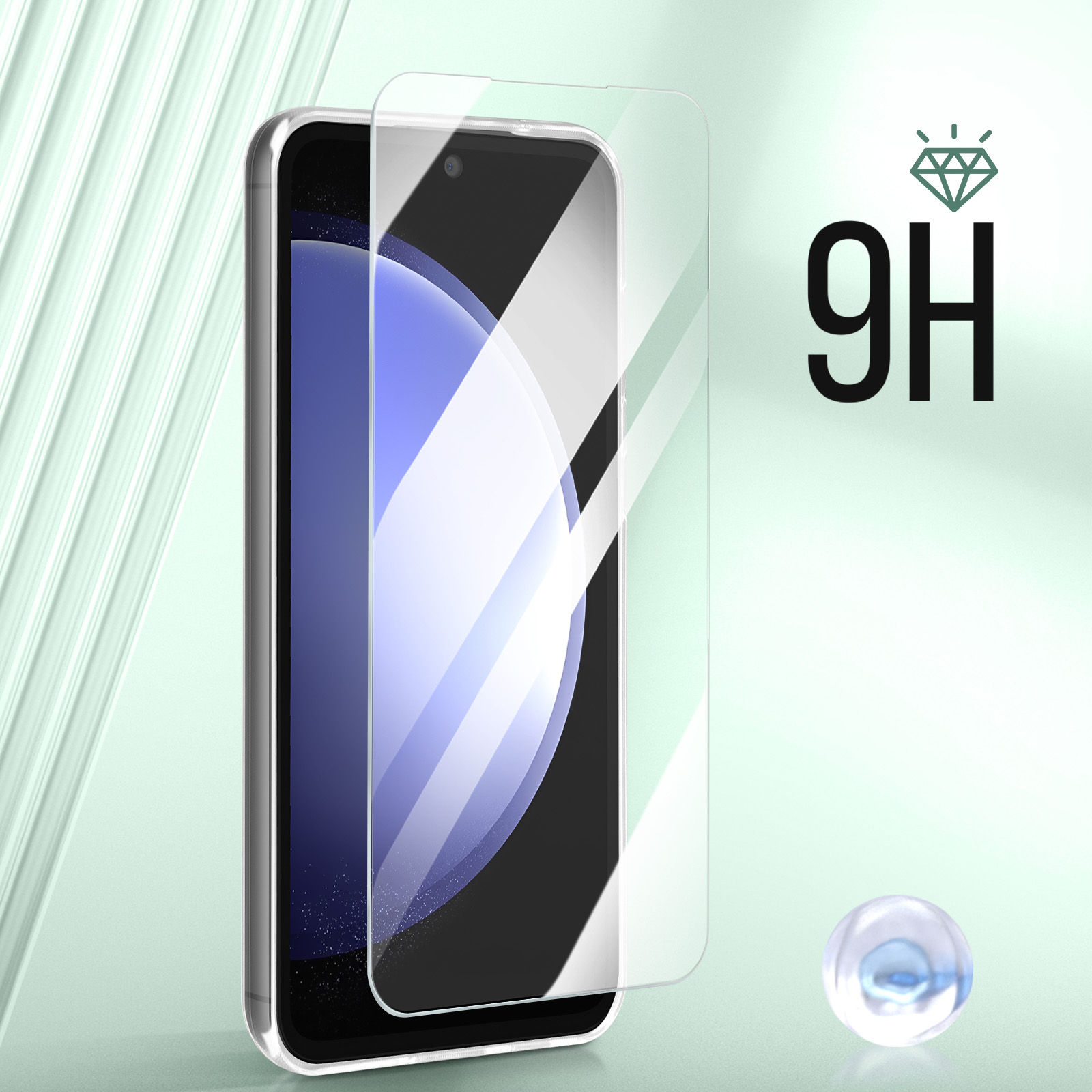 Telefono con protezione schermo, icona diamante e testo 9H, su superficie verde chiaro.