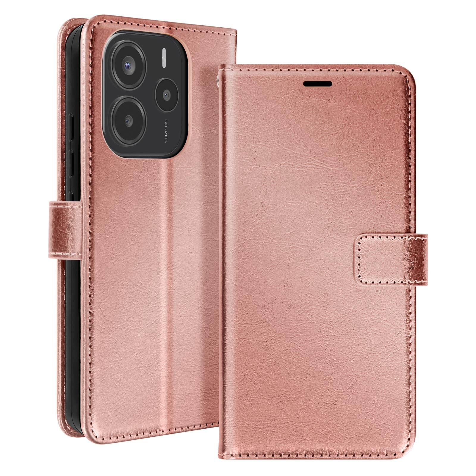 Una custodia per telefono oro rosa, chiusa e aperta. La custodia ha una chiusura magnetica e uno slot per schede.