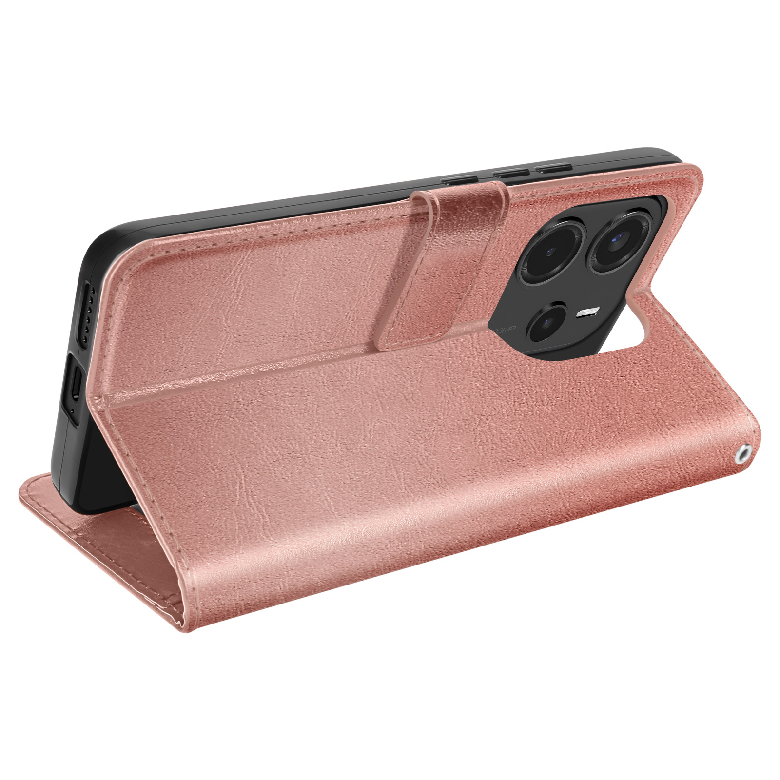 Custodia per telefono oro rosa, aperta per mostrare il telefono. La custodia ha una funzione di supporto.
