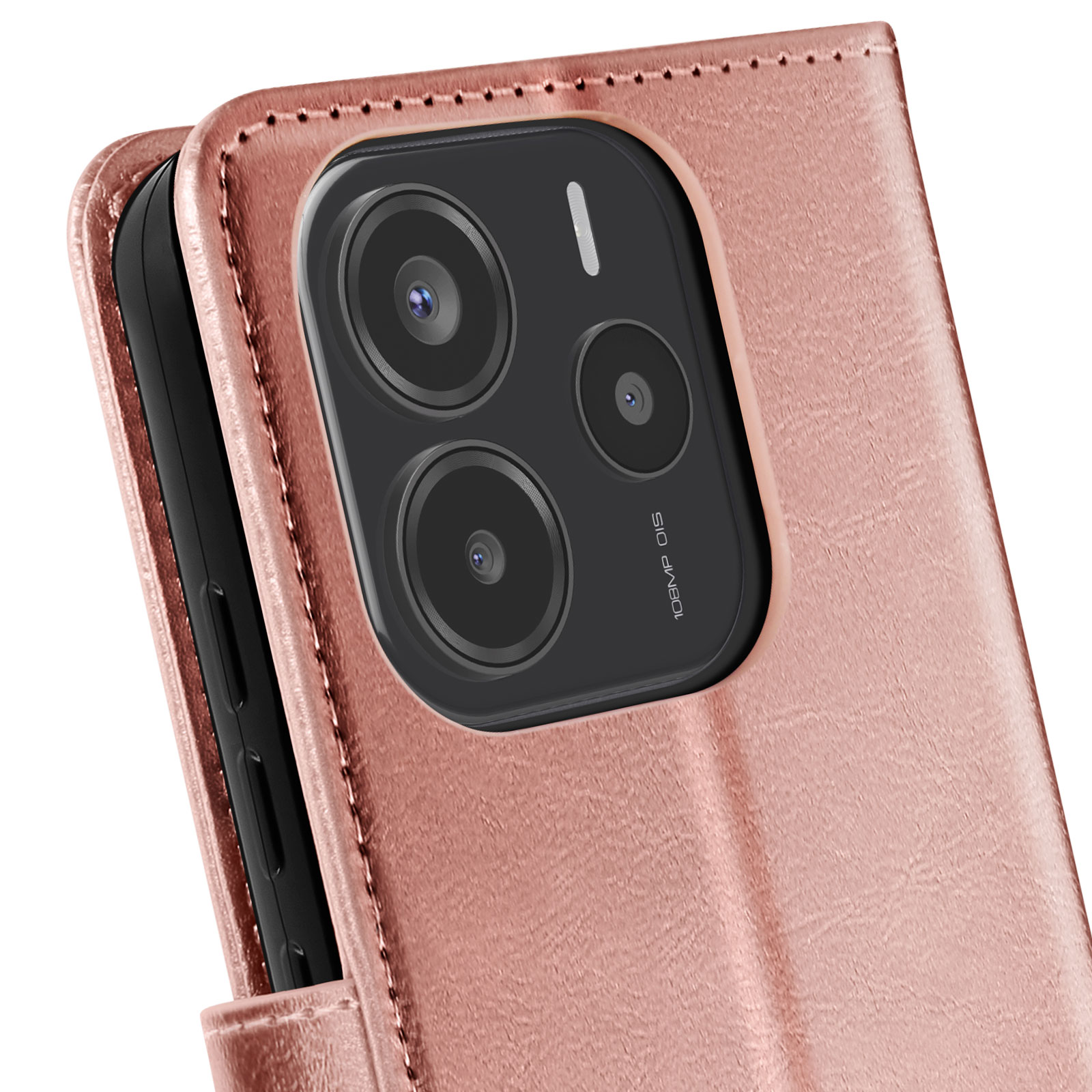 Primo piano di una custodia rosa con modulo fotocamera. Il telefono è dentro la custodia, vista angolata.