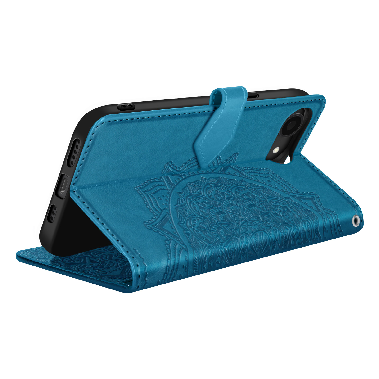 Blauwe telefoonhoes open, met een telefoon. Gedetailleerd reliëfdesign op de hoes.