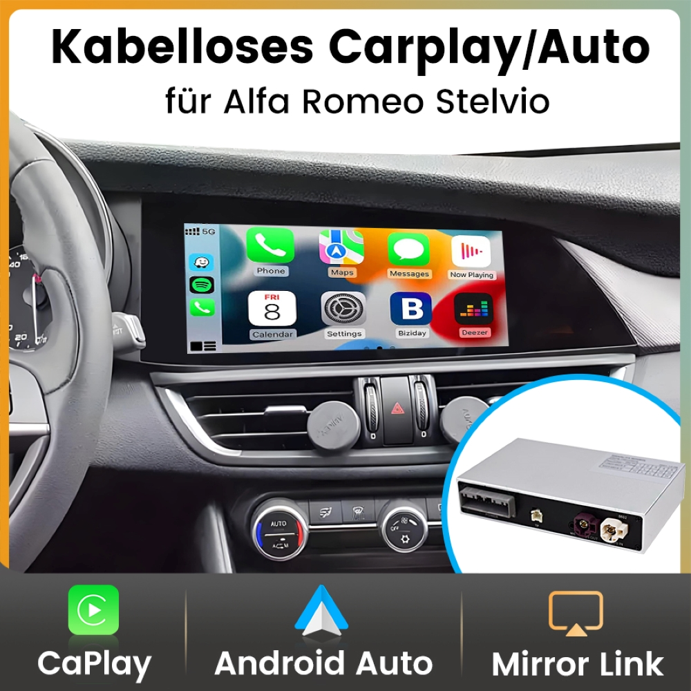 Schermo auto che mostra le interfacce CarPlay e Android Auto. Dispositivo argentato sullo sfondo.