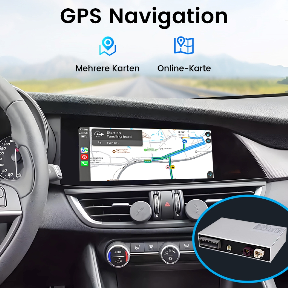 Cruscotto auto con navigazione GPS sullo schermo, che mostra una mappa con indicazioni.