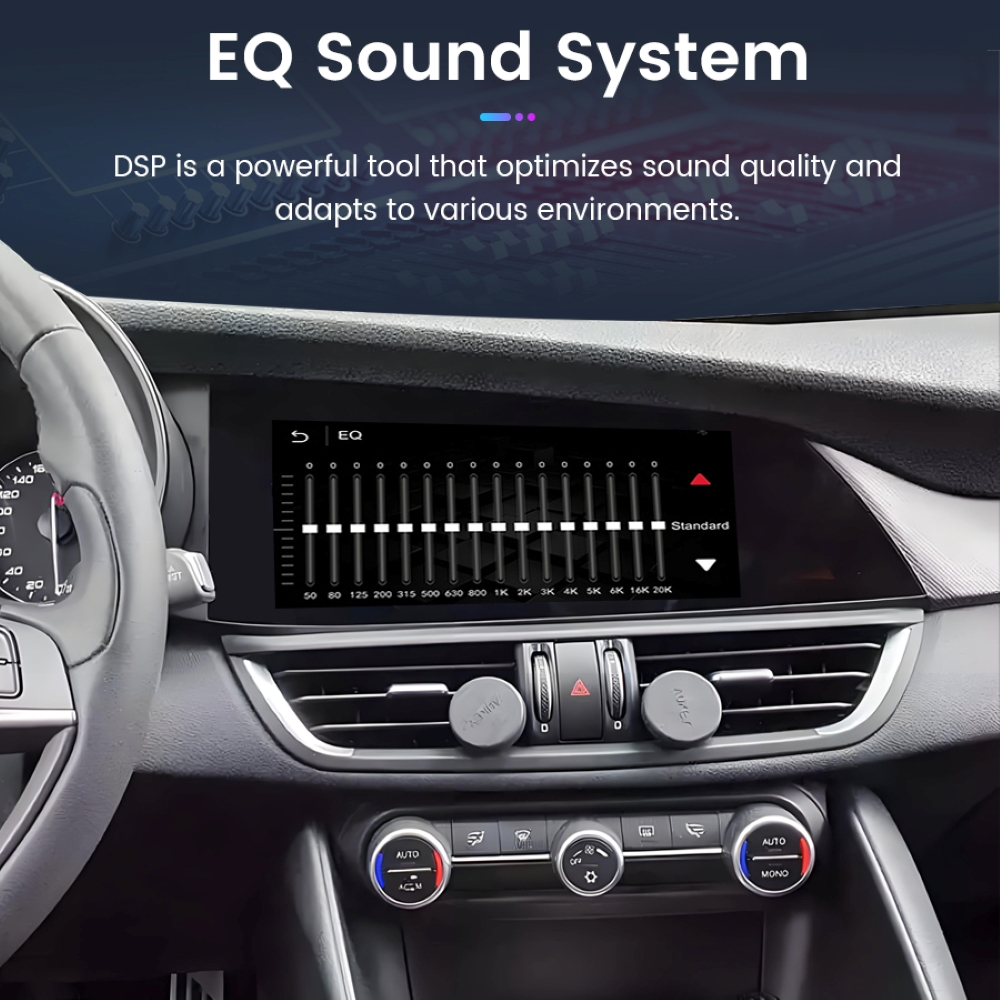 Schermo auto che mostra un'interfaccia del sistema audio EQ con varie impostazioni. Dispositivo argentato visibile.