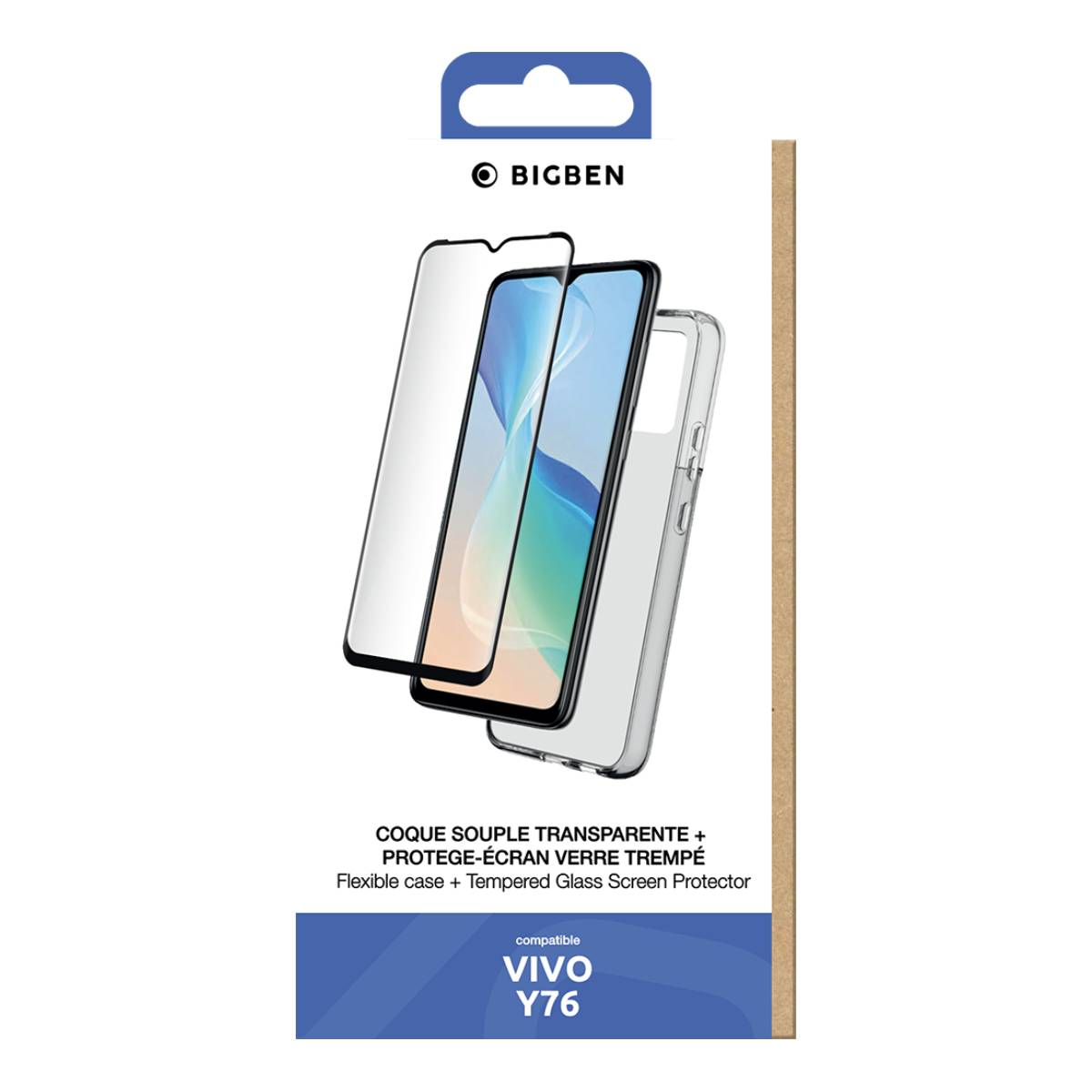 Un telefono con protezione schermo e custodia in una scatola. Il testo sulla scatola dice Vivo Y76.