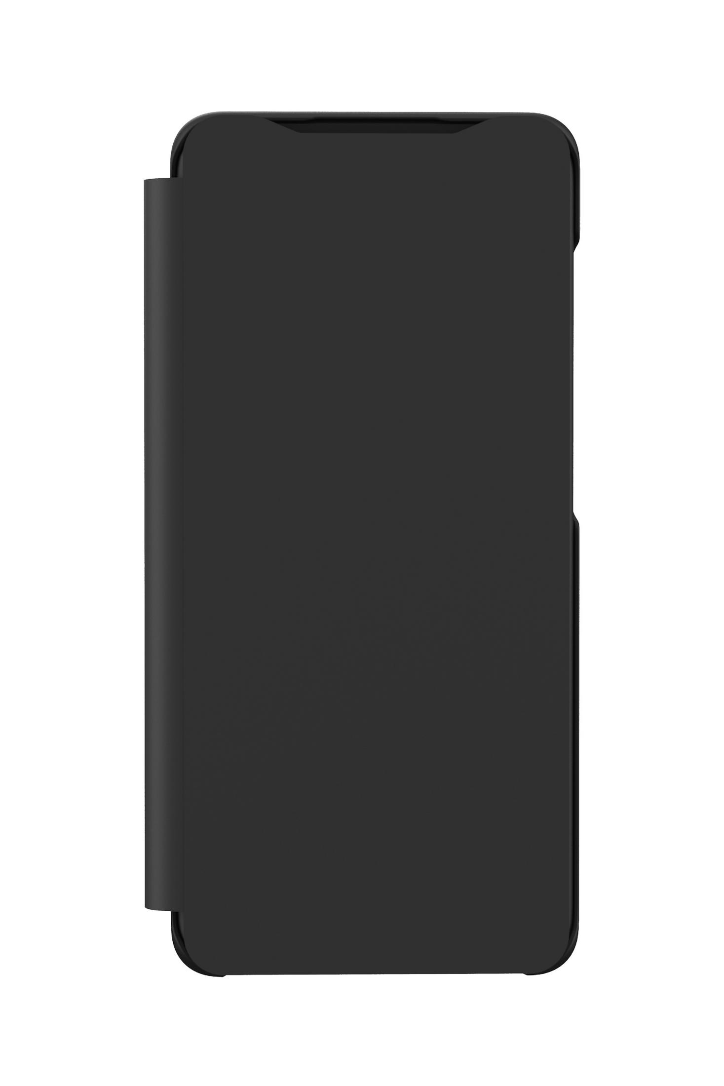 Una custodia per telefono nera chiusa. La custodia è piatta e ha un design semplice.