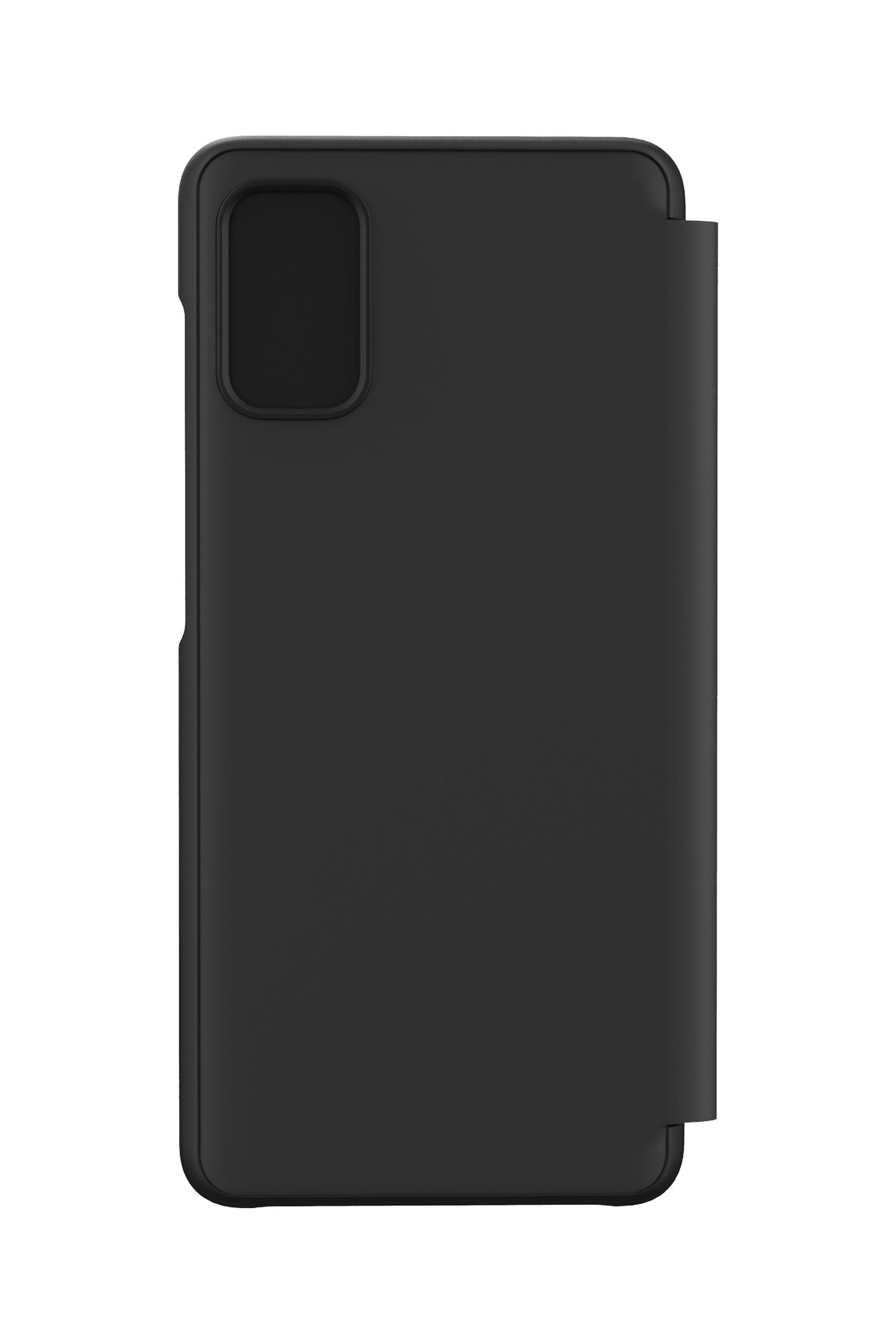 Custodia per telefono nera con una cover. La cover ha un ritaglio per la fotocamera.