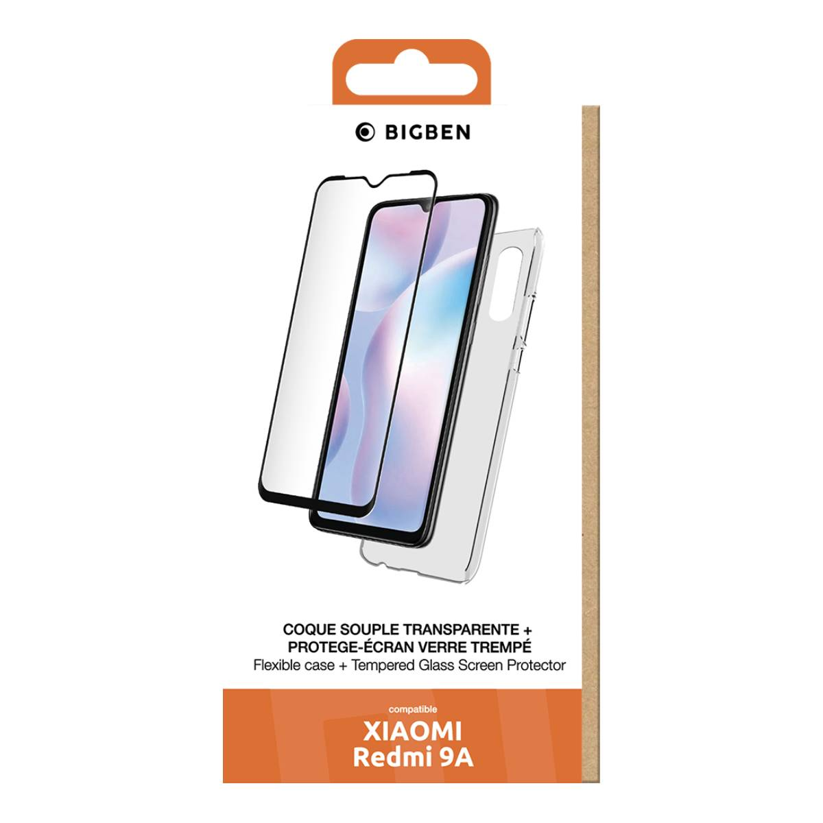 Set custodia e protezione schermo. Custodia trasparente, schermo e confezione. Compatibile con Xiaomi Redmi 9A.