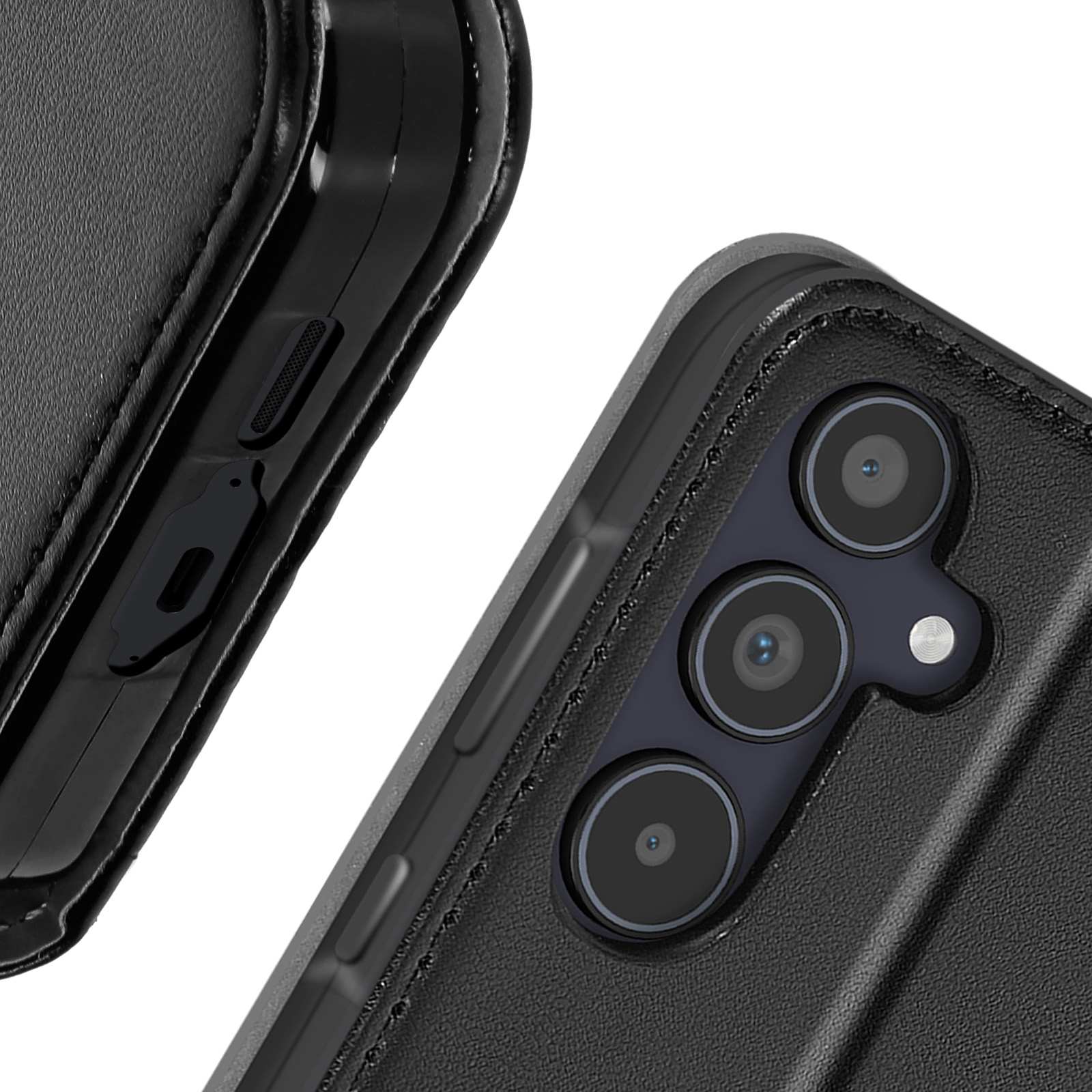 Primo piano di una custodia nera per telefono con tre obiettivi della fotocamera. La custodia è in pelle.