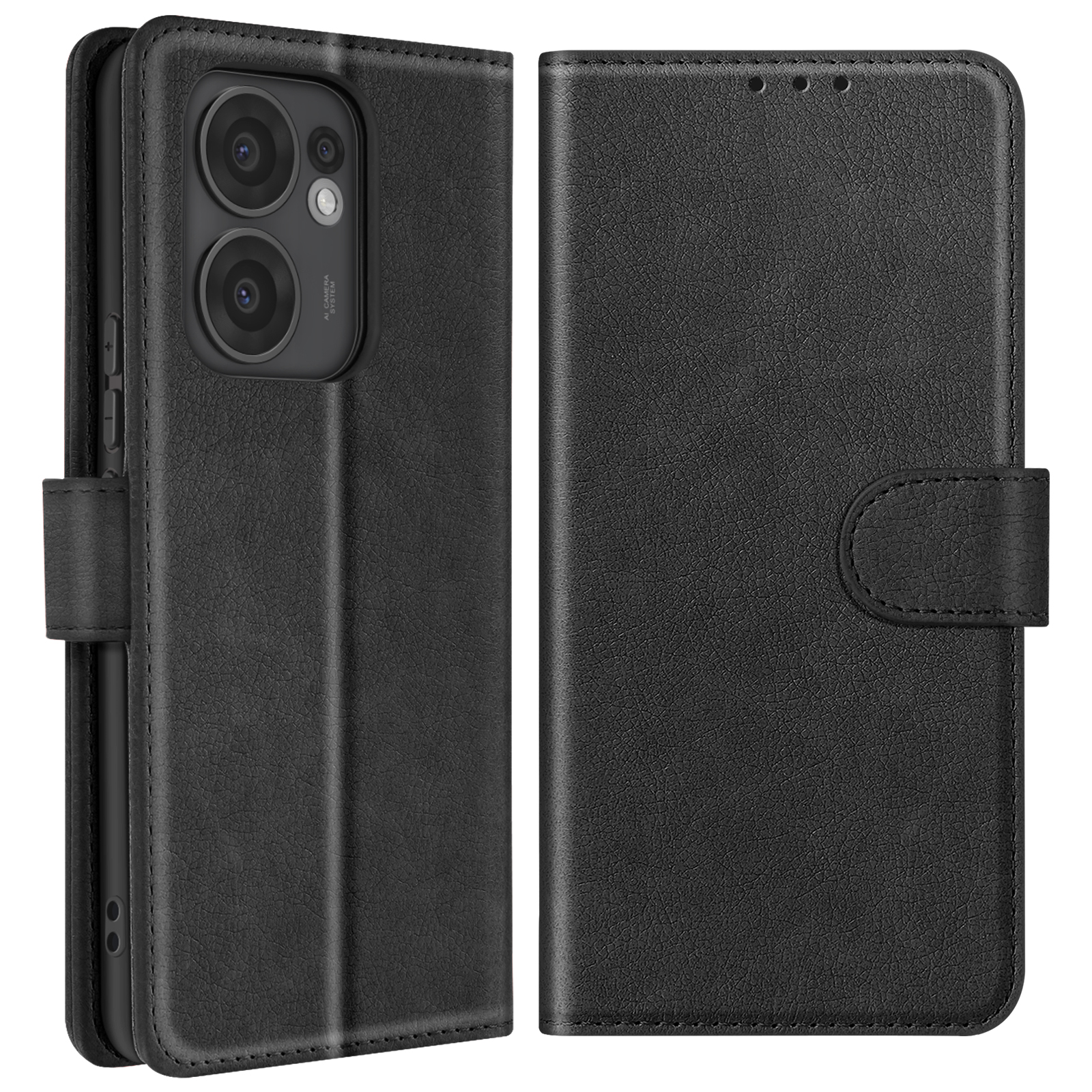 Schwarze Handyhülle, geöffnet, um das Telefon zu zeigen. Die Hülle hat einen Magnetverschluss.