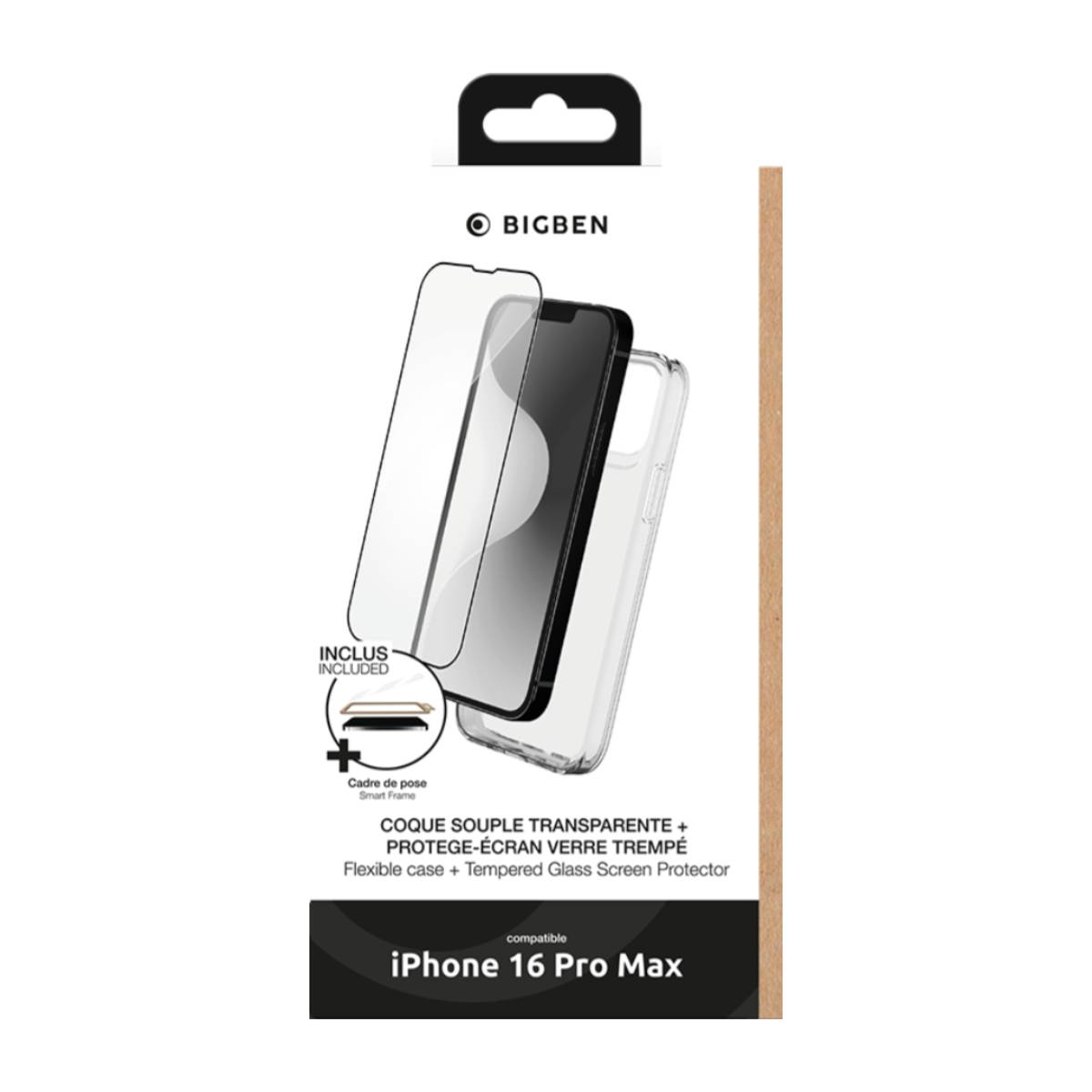 Set custodia e protezione schermo. Custodia trasparente, schermo e confezione. Compatibile con iPhone 16 Pro Max.