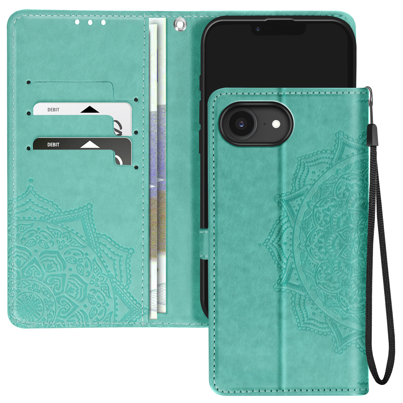 Custodia turchese, aperta, con carte e denaro all'interno. Il telefono è nero e un design mandala.
