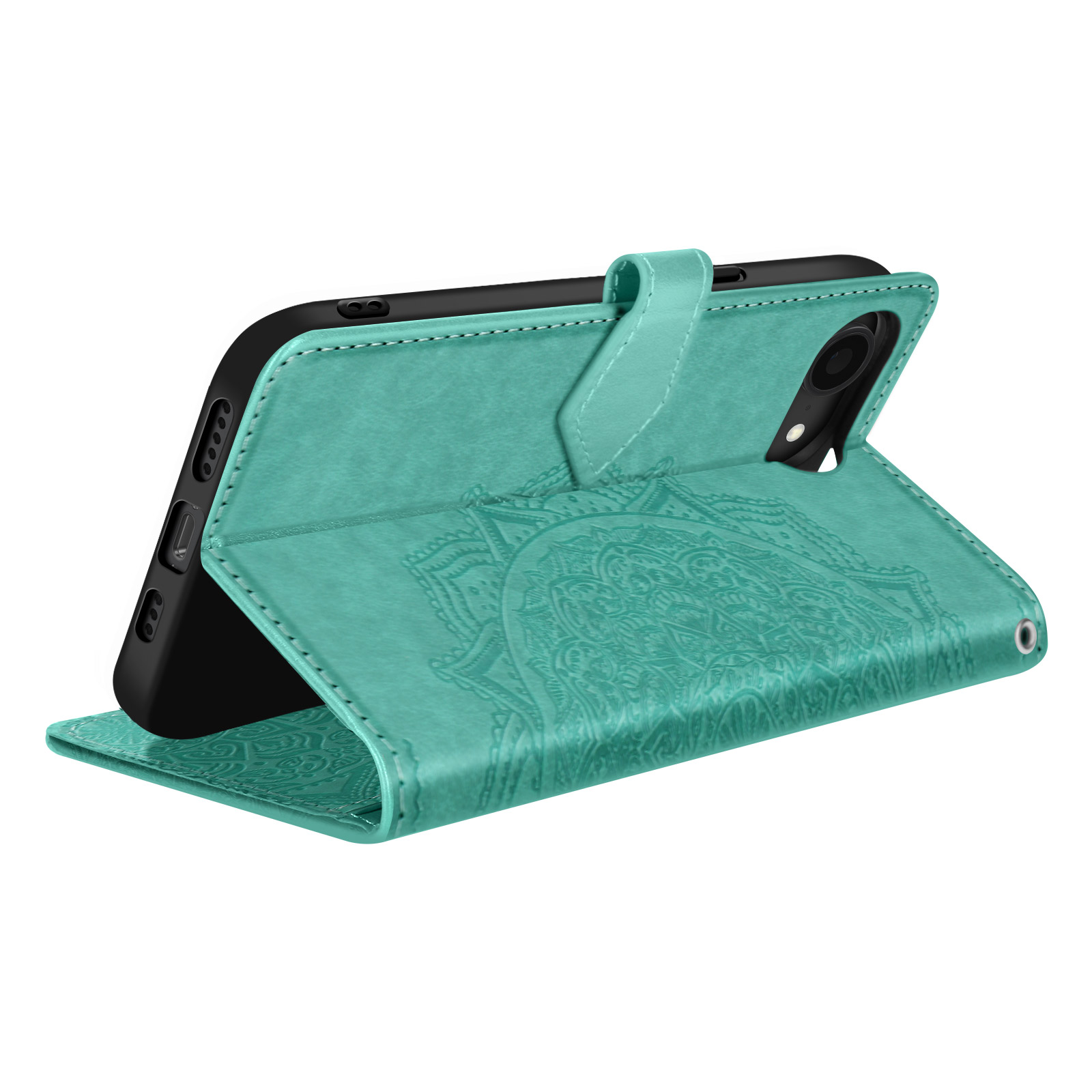 Un étui de téléphone sarcelle est ouvert, révélant un intérieur à motifs, avec le téléphone à l'intérieur.