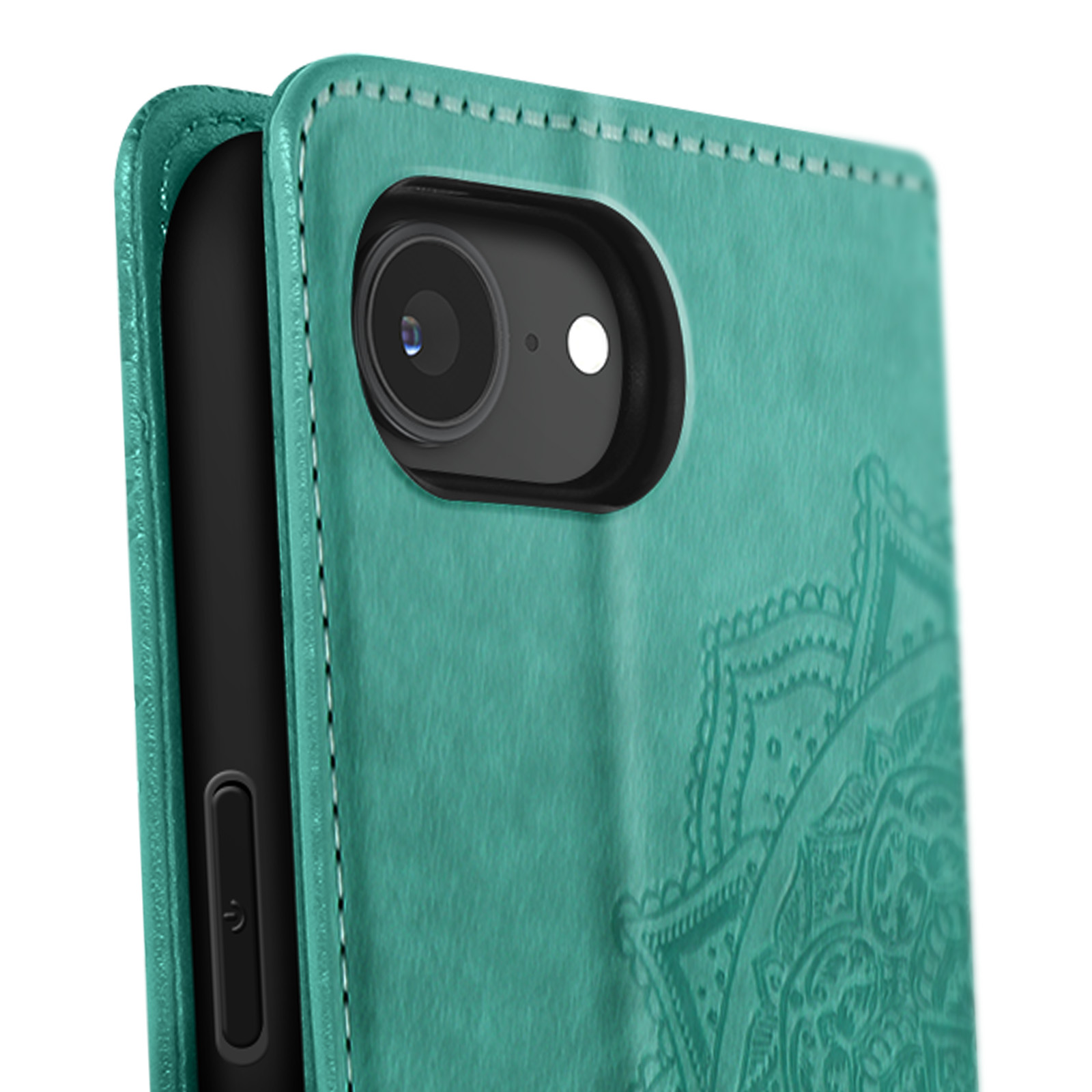 Étui de téléphone sarcelle avec un motif floral au dos. Un objectif de caméra est visible.