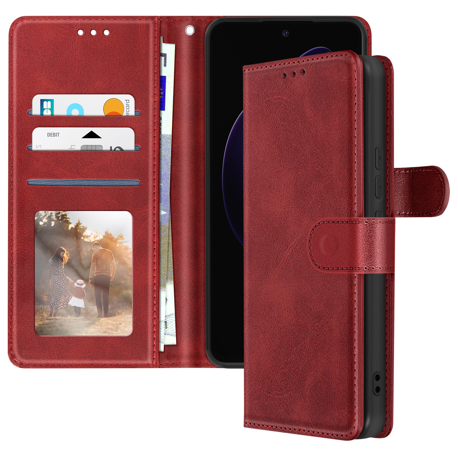 Custodia per telefono in pelle rossa aperta con scomparti per carte, denaro e una foto. C'è un telefono dentro.
