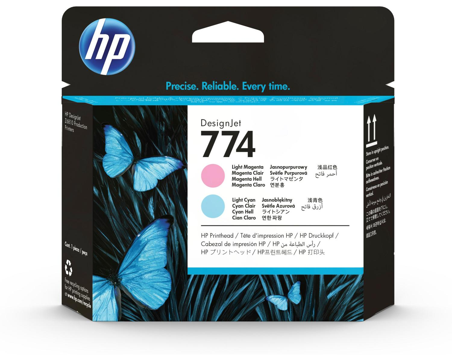 Pudełko z wkładem atramentowym. Widoczne kolory różowy, cyjan i magenta. Motyle w tle.