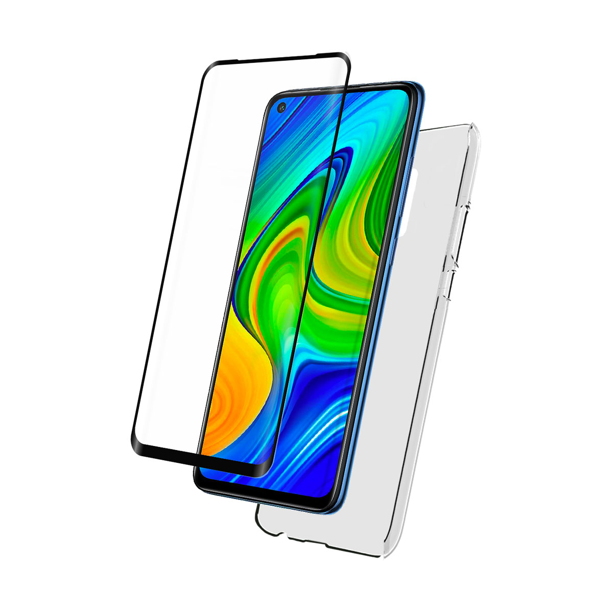 Smartphone, protezione schermo e custodia trasparente. Tutti trasparenti. Telefono blu.