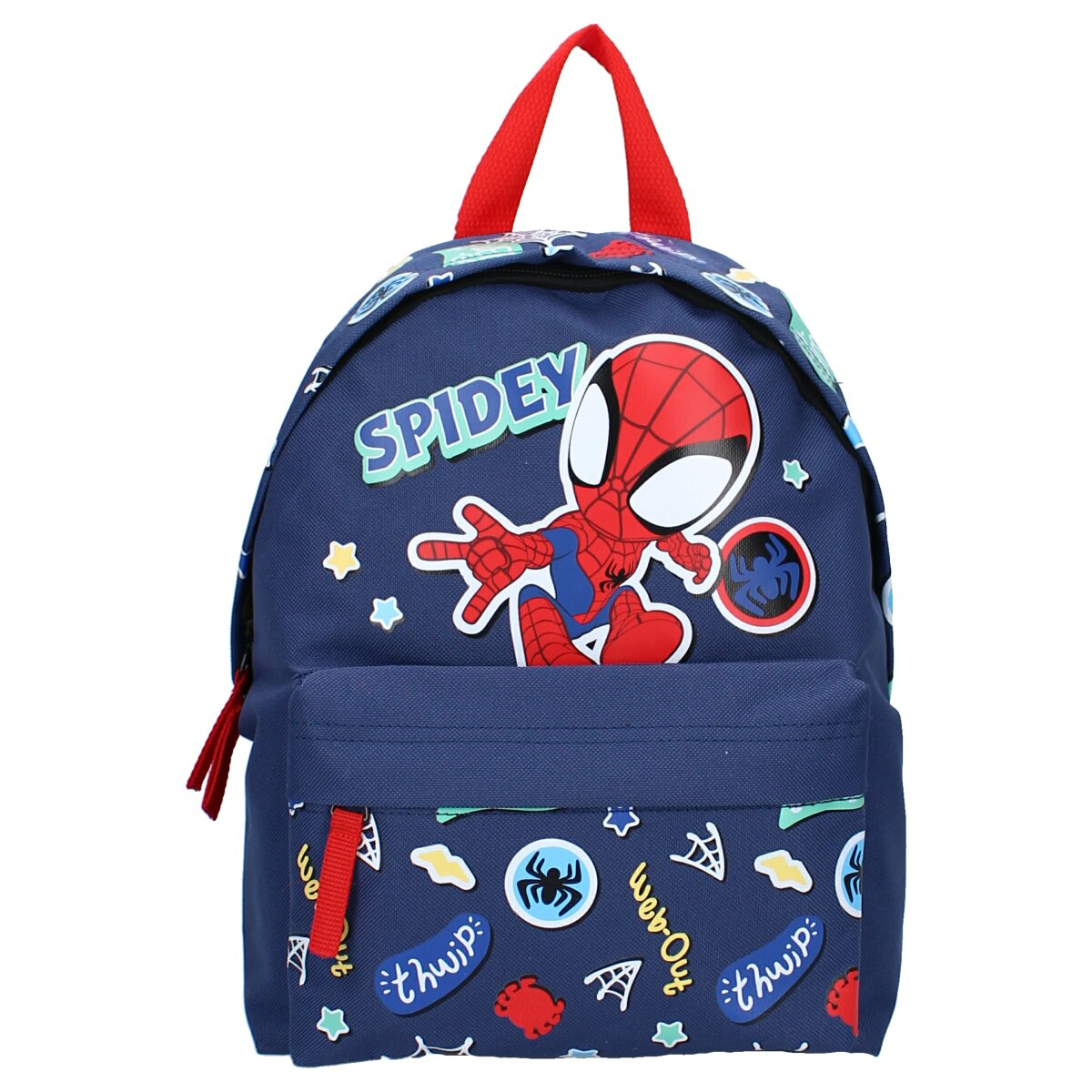 Blauer Spiderman-Rucksack vorne. Spiderman vorne. Rote Träger und Griff. Sterne und Netz-Designs.