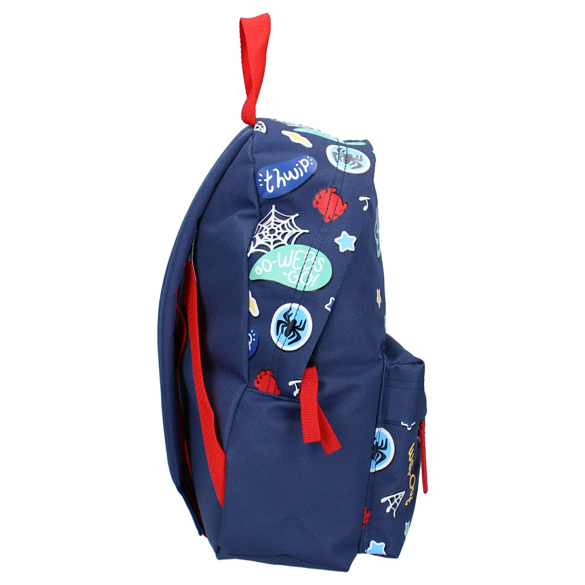 Blaue Spiderman-Rucksack-Seitenansicht. Roter Griff und Träger. Netz- und Sterndesigns sind sichtbar.
