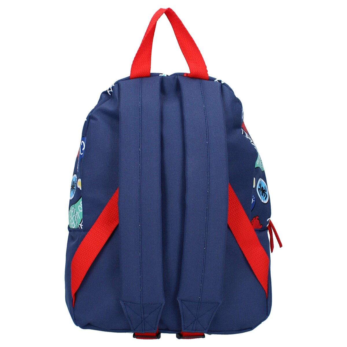 Blaue Spiderman-Rucksack-Rückansicht. Rote Träger sind sichtbar. Rucksack hat keine Designs auf der Rückseite.