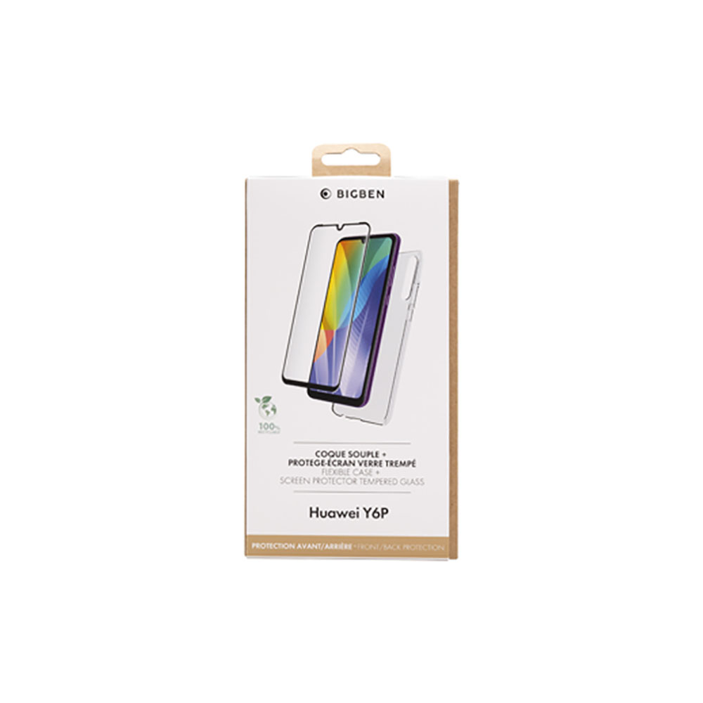 Scatola per Huawei Y6P con protezione schermo, custodia e etichetta del marchio.