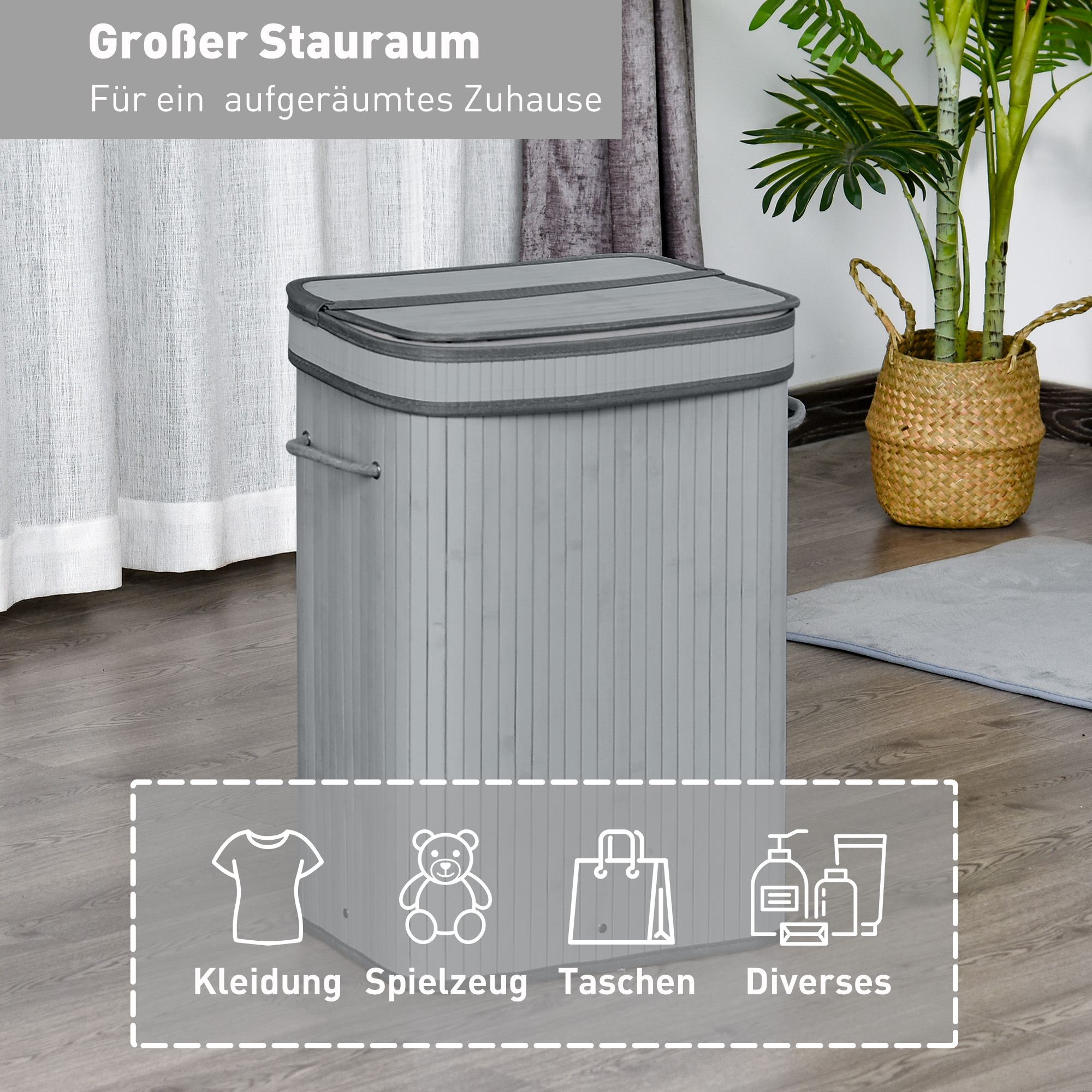 Ein grauer Wäschekorb mit Deckel und Griffen. Es gibt Symbole für Kleidung, Spielzeug und Taschen.