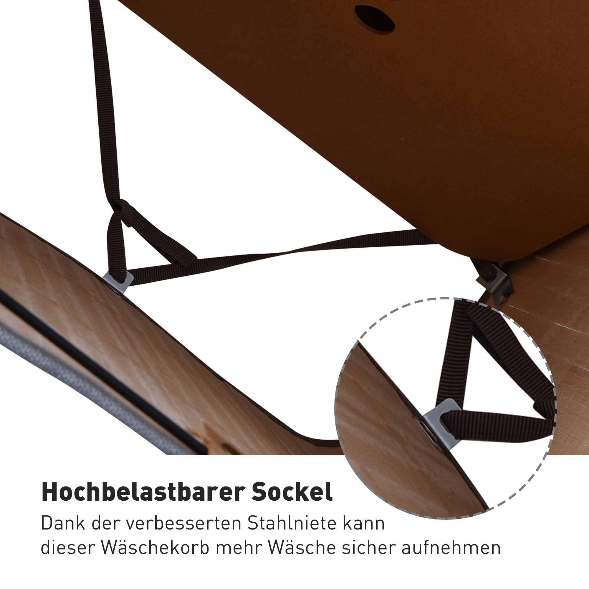 Nahaufnahme des Bodens eines Wäschekorbs. Dunkelbraune Gurte auf hellbraunem Holzsockel.