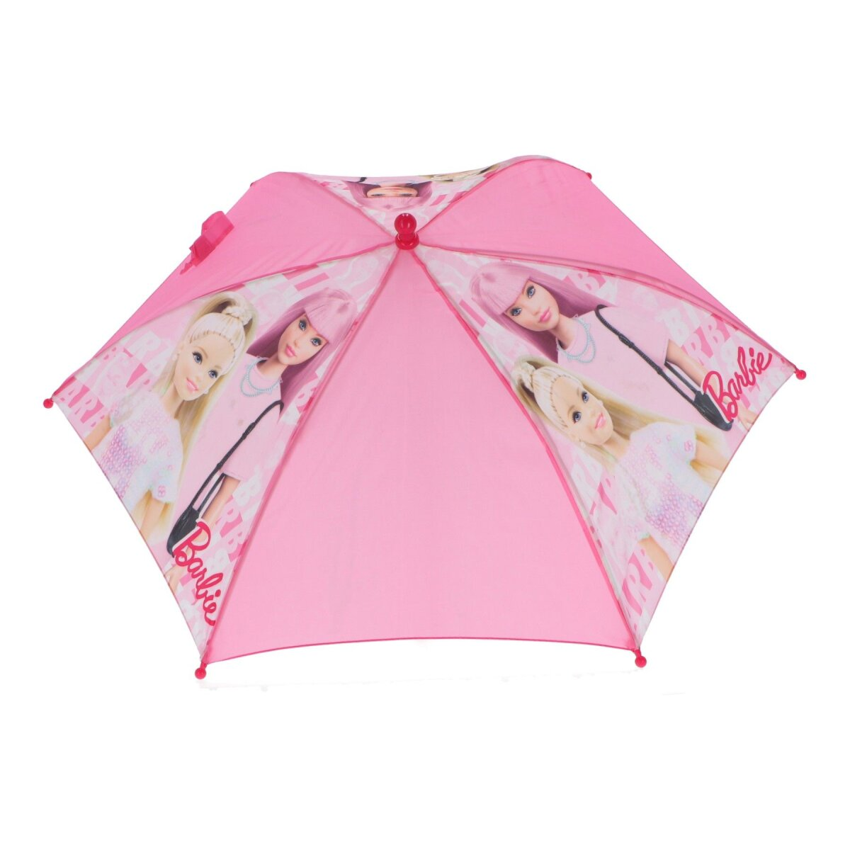 Rosa Barbie-Schirm mit Barbie-Bildern. Der Schirm ist geöffnet.