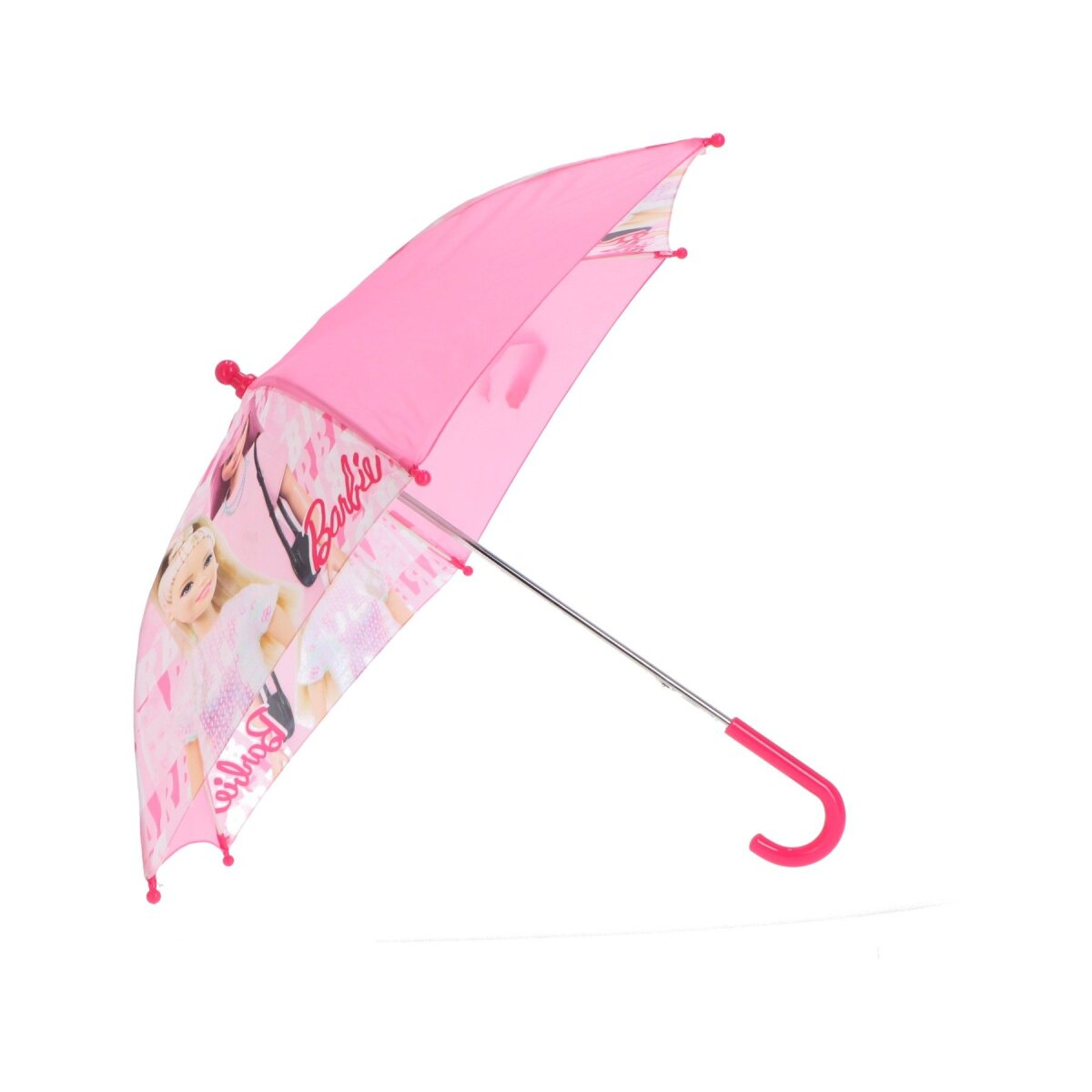 Ein pinker Barbie-Schirm mit gebogenem Griff. Barbie-Illustrationen sind gedruckt.