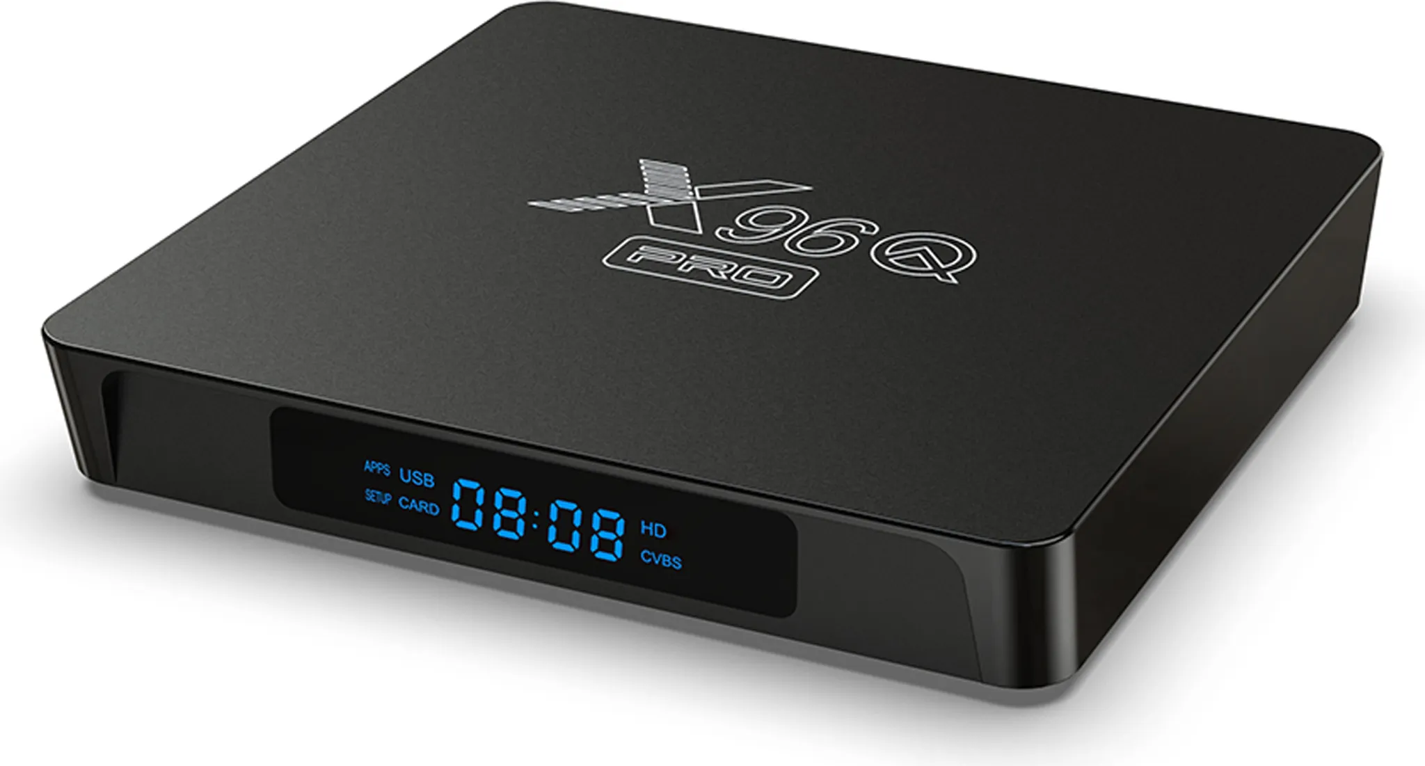 Schwarze X96Q Pro TV-Box mit Zeitanzeige. Die Box hat eine quadratische Form mit Display.