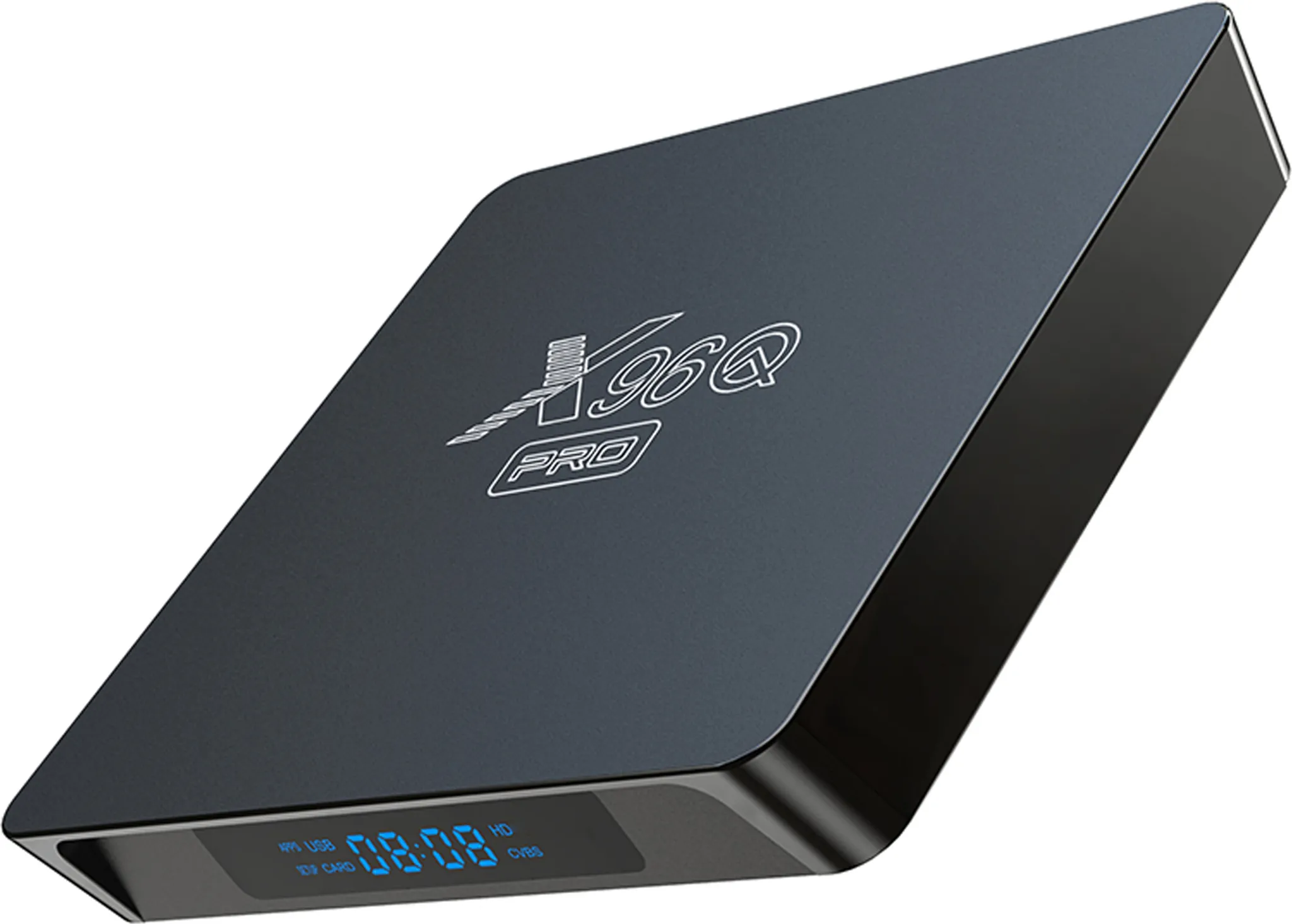 Schwarze X96Q Pro TV-Box mit Display. Die Box ist quadratisch und hat ein elegantes Finish.