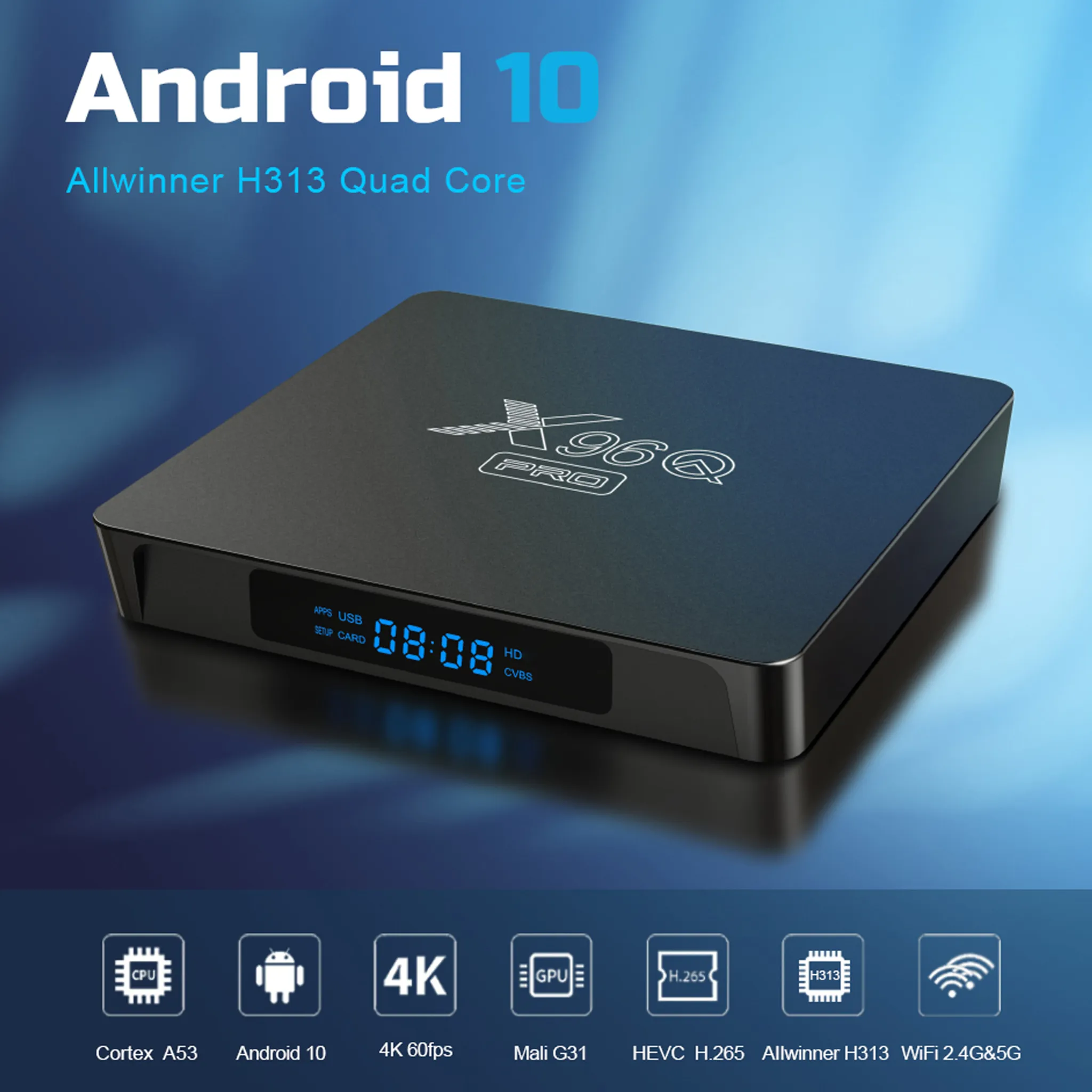 X96Q Pro TV-Box mit Android 10-Funktionen und technischen Details. Enthält Wi-Fi und 4K-Unterstützung.