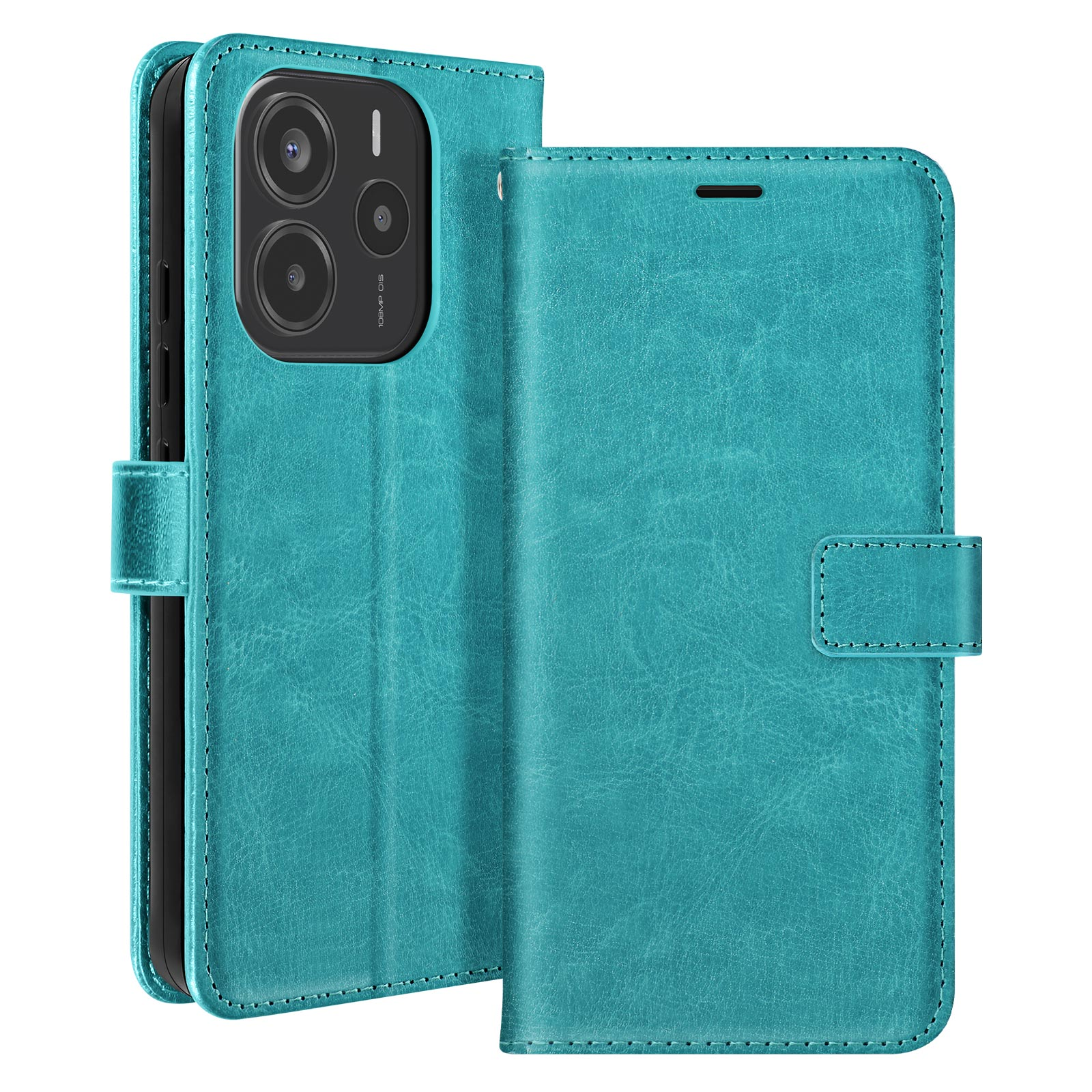 Custodia del telefono verde acqua aperta, che rivela il telefono con fotocamera. La custodia ha una finitura strutturata.