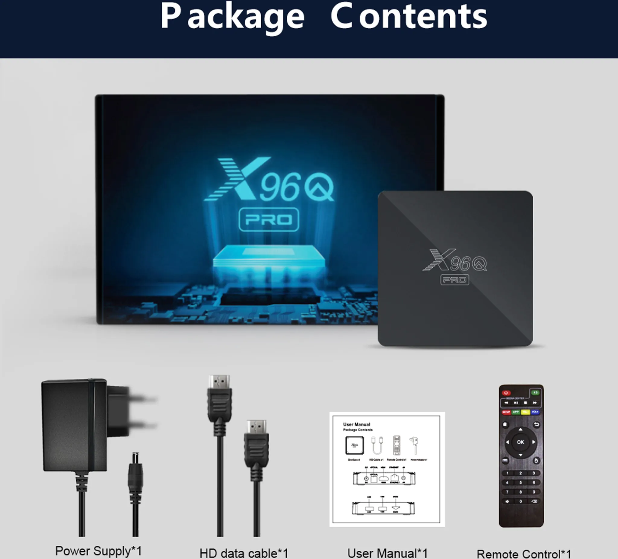 Lieferumfang der X96Q Pro TV-Box. Enthält Netzteil, HDMI-Kabel, Benutzerhandbuch und Fernbedienung.