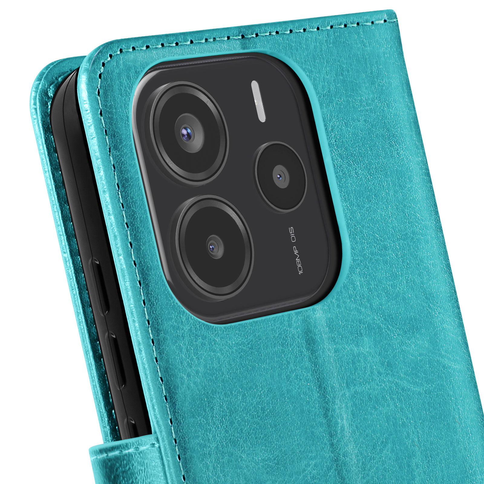 Primo piano di una custodia per telefono verde acqua, che rivela la fotocamera. La custodia ha una superficie strutturata.