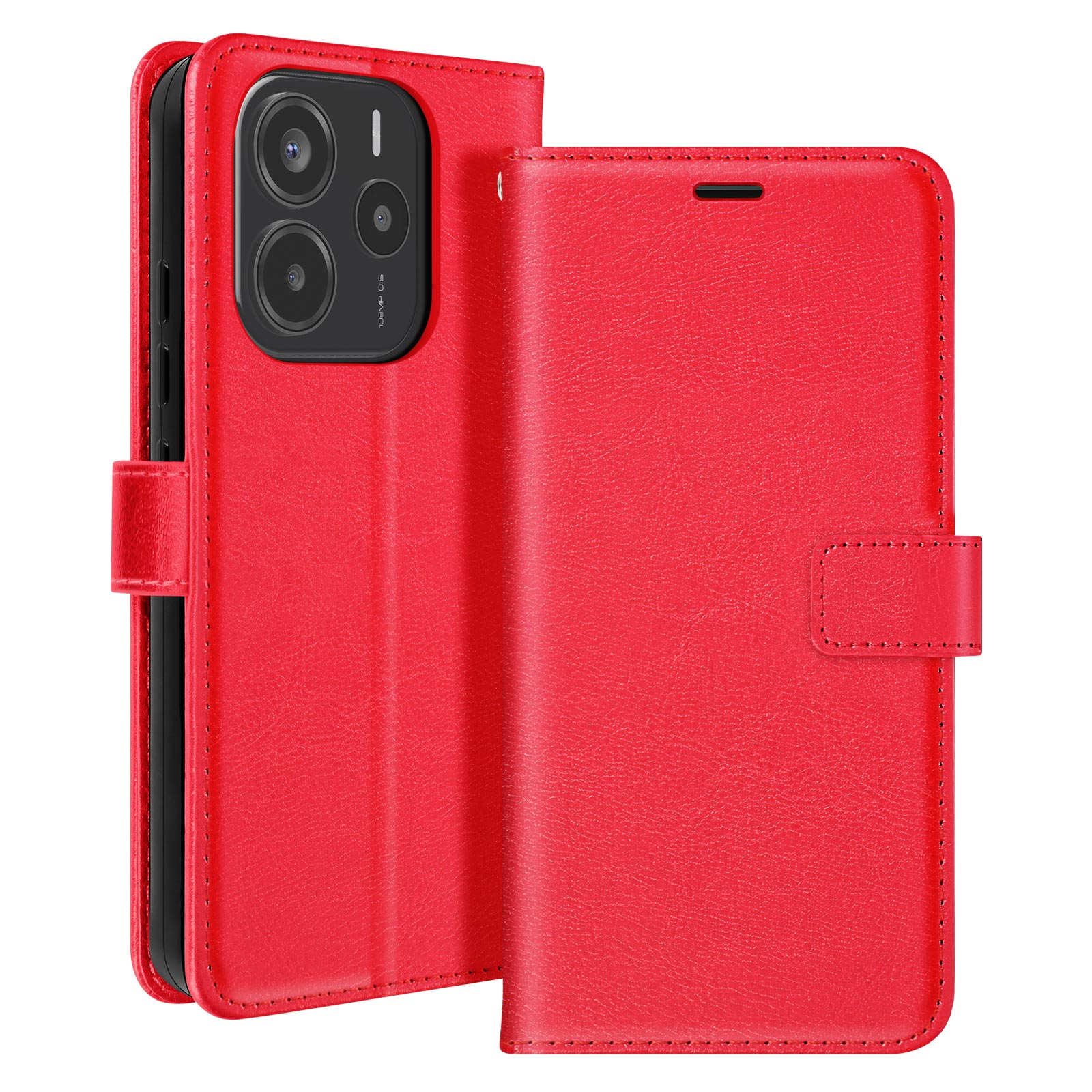 Custodia del telefono rossa aperta, che rivela il telefono. La custodia è aperta con il telefono all'interno.