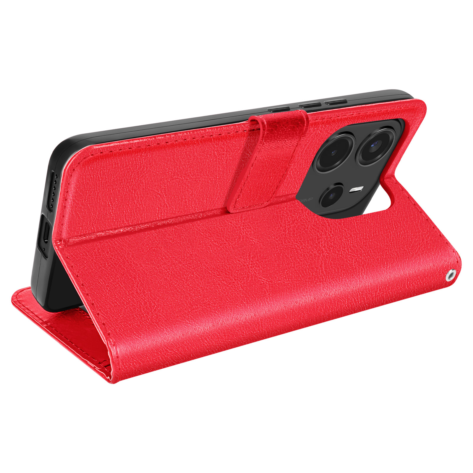 Custodia rossa per telefono, aperta, che mostra il retro di un telefono con lenti della fotocamera.