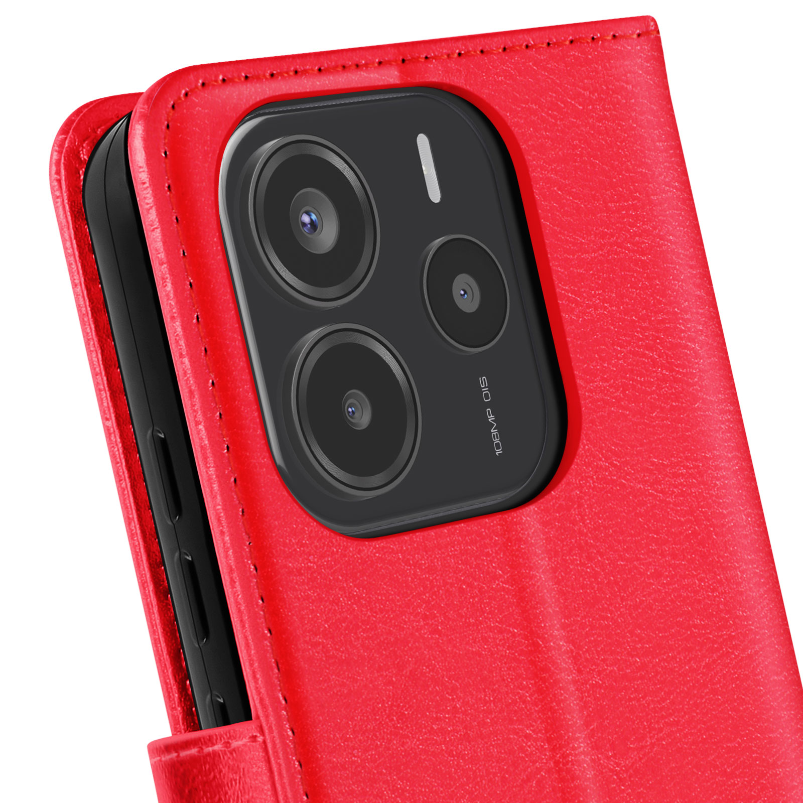 Custodia rossa per telefono, primo piano del retro, con lenti della fotocamera.
