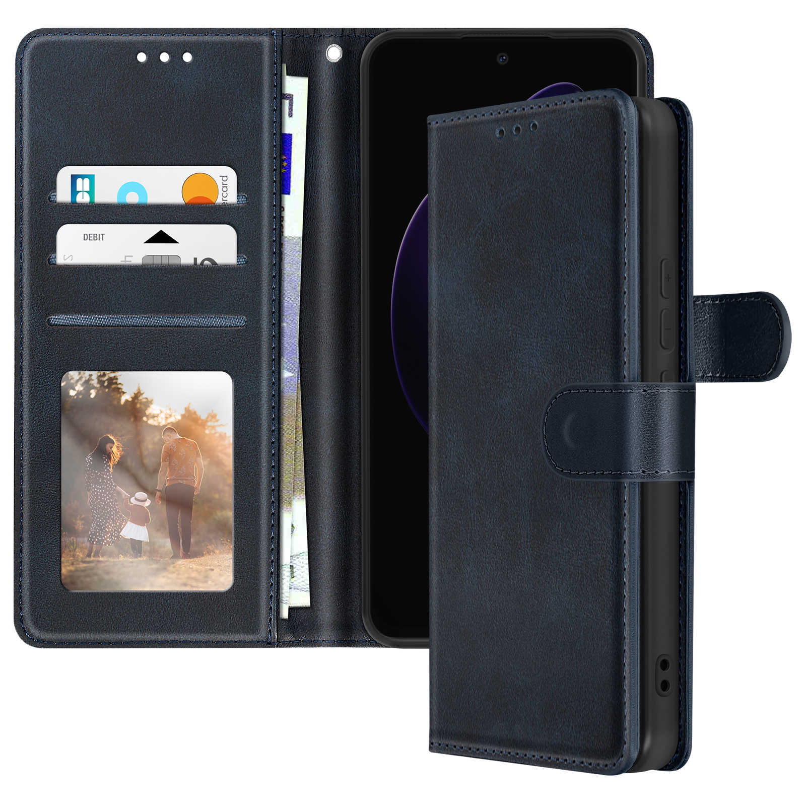 Custodia blu aperta, con carte, denaro e una foto di una coppia.