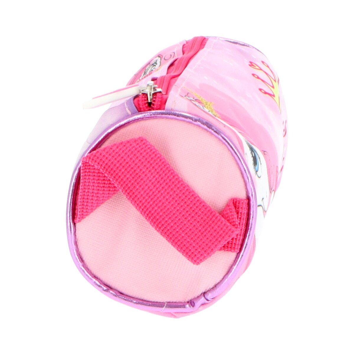 Rosa Federmäppchen mit Einhorn-Design, rosa Griff und Reißverschluss.