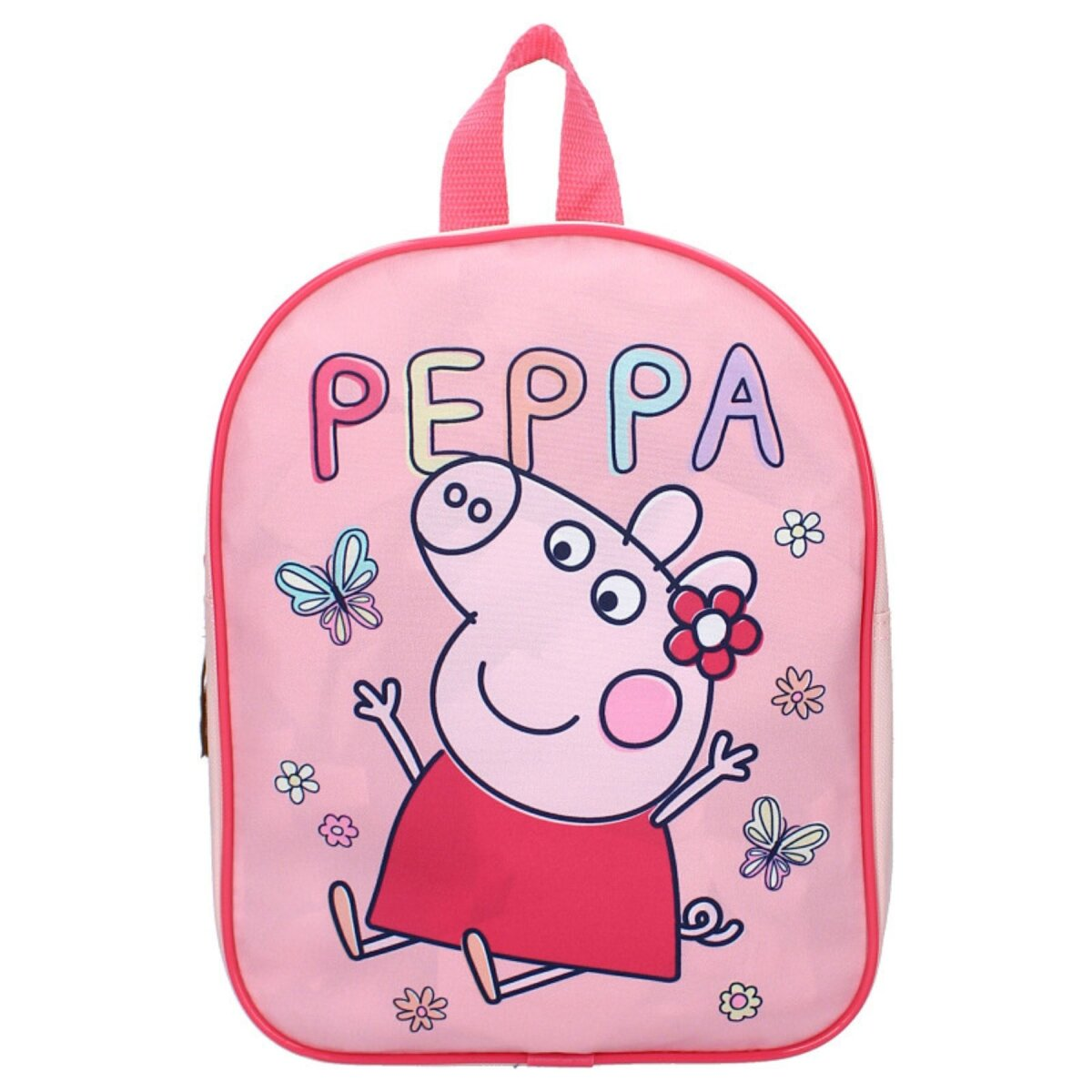 Rosa Peppa Pig Rucksack mit lächelnder Peppa. Blumen und Schmetterlinge sind verstreut.