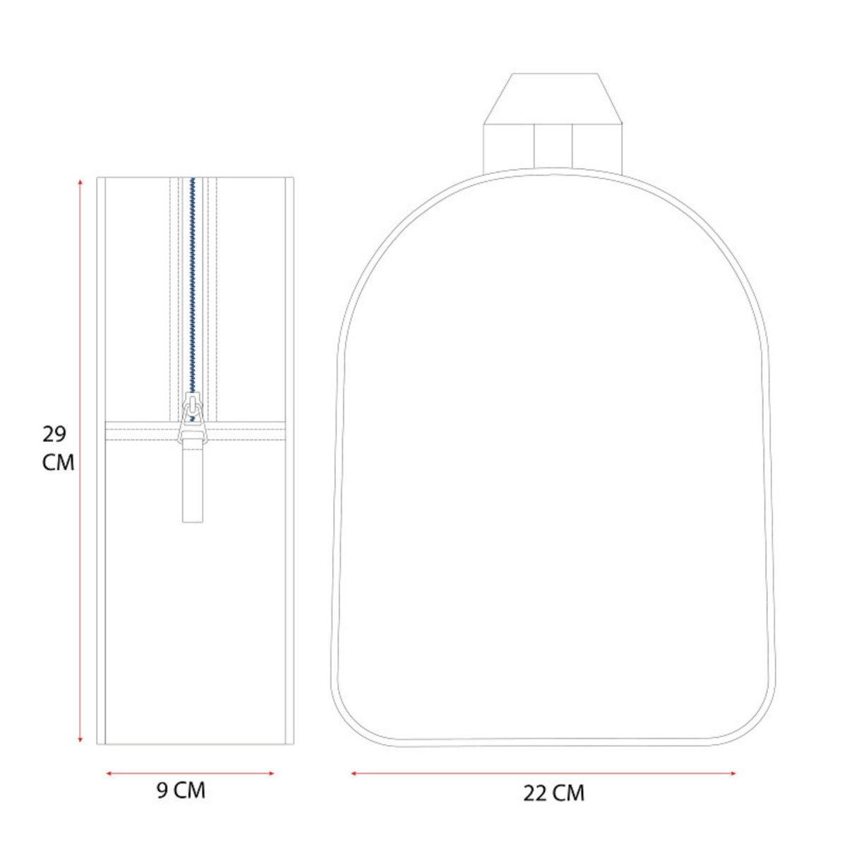 Diagramm eines Rucksacks. Zeigt Abmessungen von 29 cm x 22 cm x 9 cm.