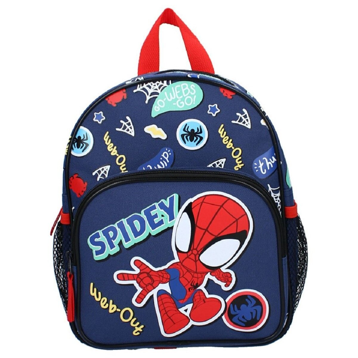 Spiderman-Rucksack mit Spidey auf der Vorderseite. Blauer Hintergrund mit Webdesigns, Sternen und Sprechblasen.