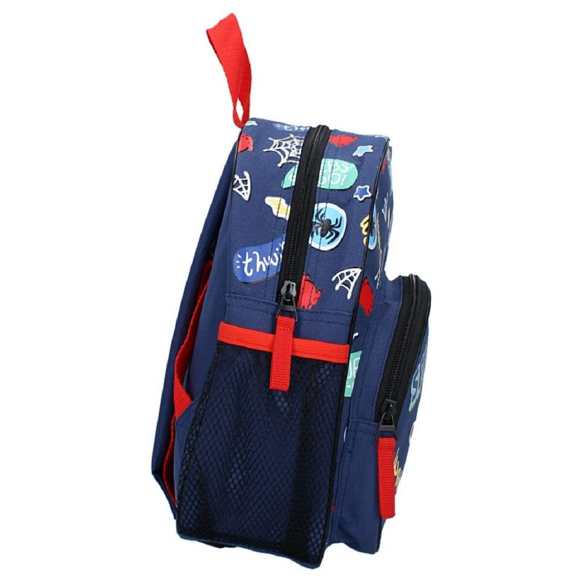 Marineblauer Rucksack, Seitenansicht. Rote Verzierungen. Enthält Cartoon-Grafiken.