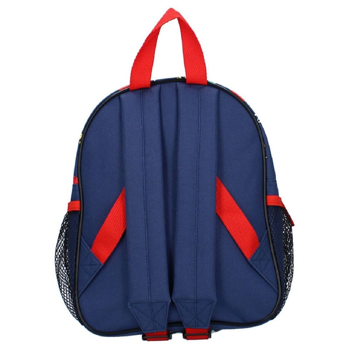 Marineblauer Rucksack, Rückansicht. Rote Träger und Netztaschen. Rote Details.