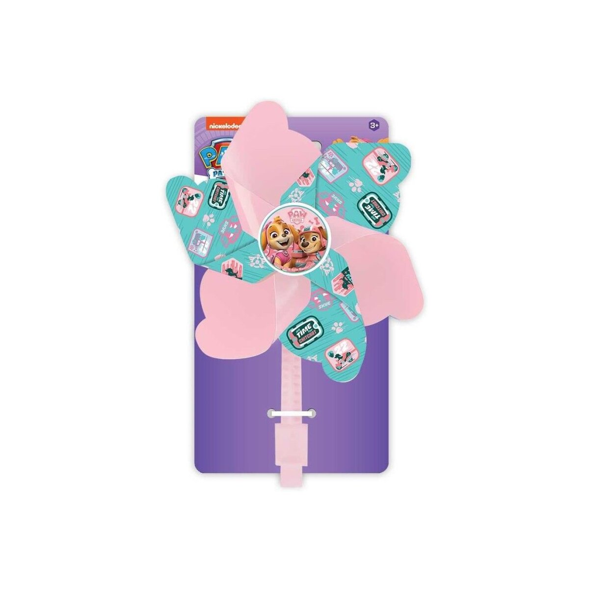 Pinkes Windrad mit Paw Patrol-Charakteren. Türkisfarbene Flügel mit Charakterbildern und Logos. Lila Hintergrund.