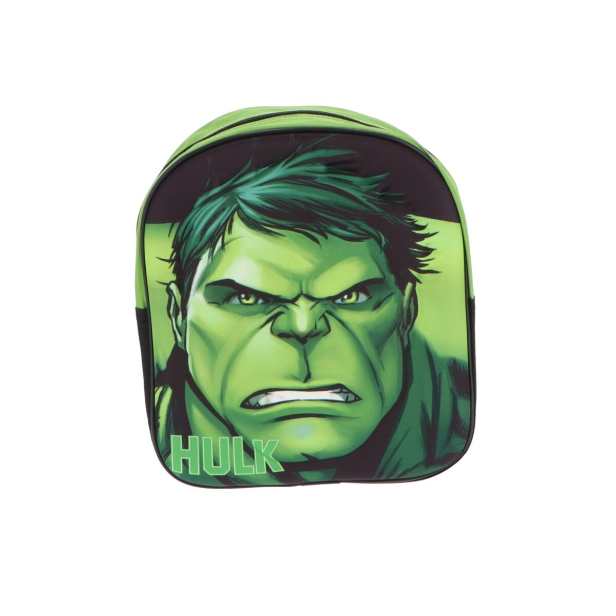 Grüner Hulk-Rucksack mit Hulk-Gesicht. Schwarze Akzente und Reißverschluss.